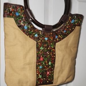 Tan and Brown Hobo Bag with Vibrant Embellishments. New Boho , Made In India